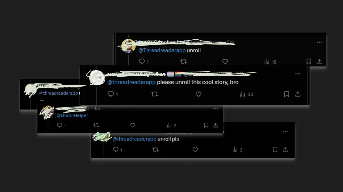 A collection of tweets asking @threadreaderapp to "unroll this thread"